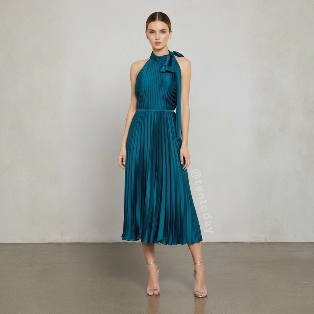 NWT Mac Duggal Size 14 Teal Blue High Neck Kitten‎ Bow Satin Pleated Midi Dress